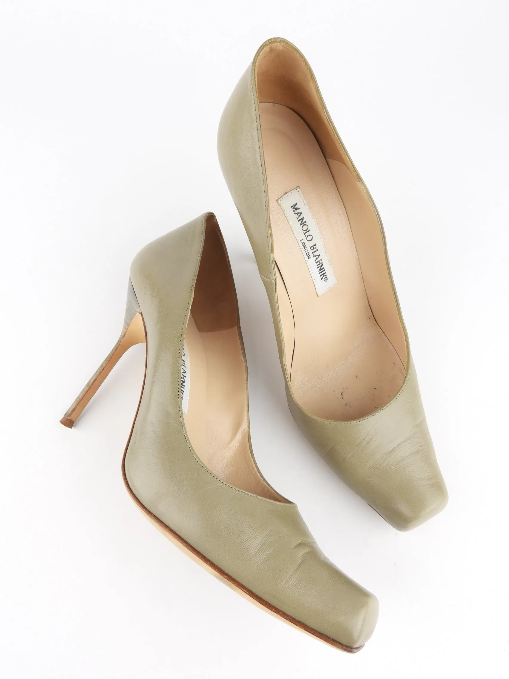 Manolo Blahnik Khaki Leather Square Toe Stiletto Heel Gloton Pumps - 40