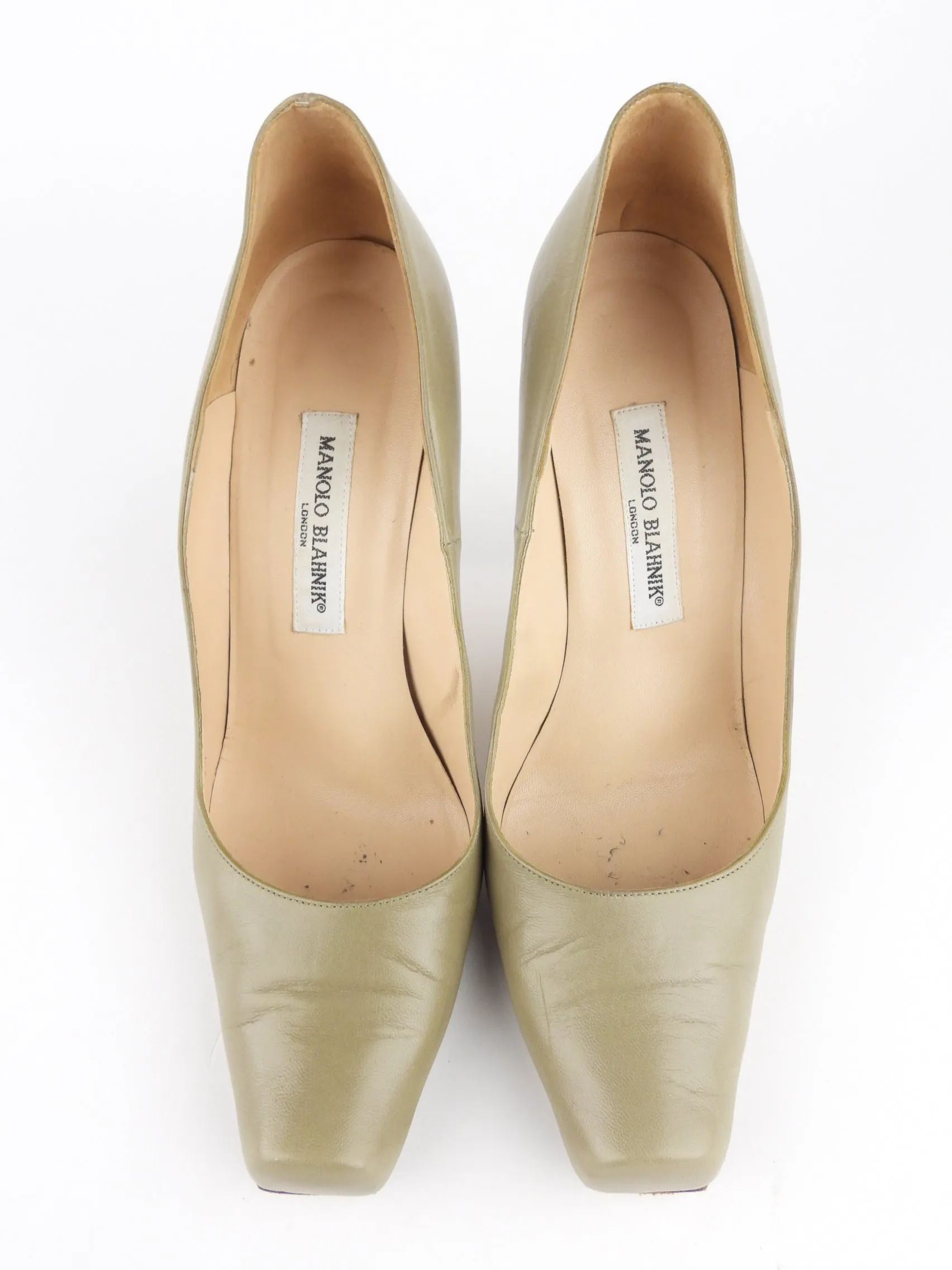 Manolo Blahnik Khaki Leather Square Toe Stiletto Heel Gloton Pumps - 40