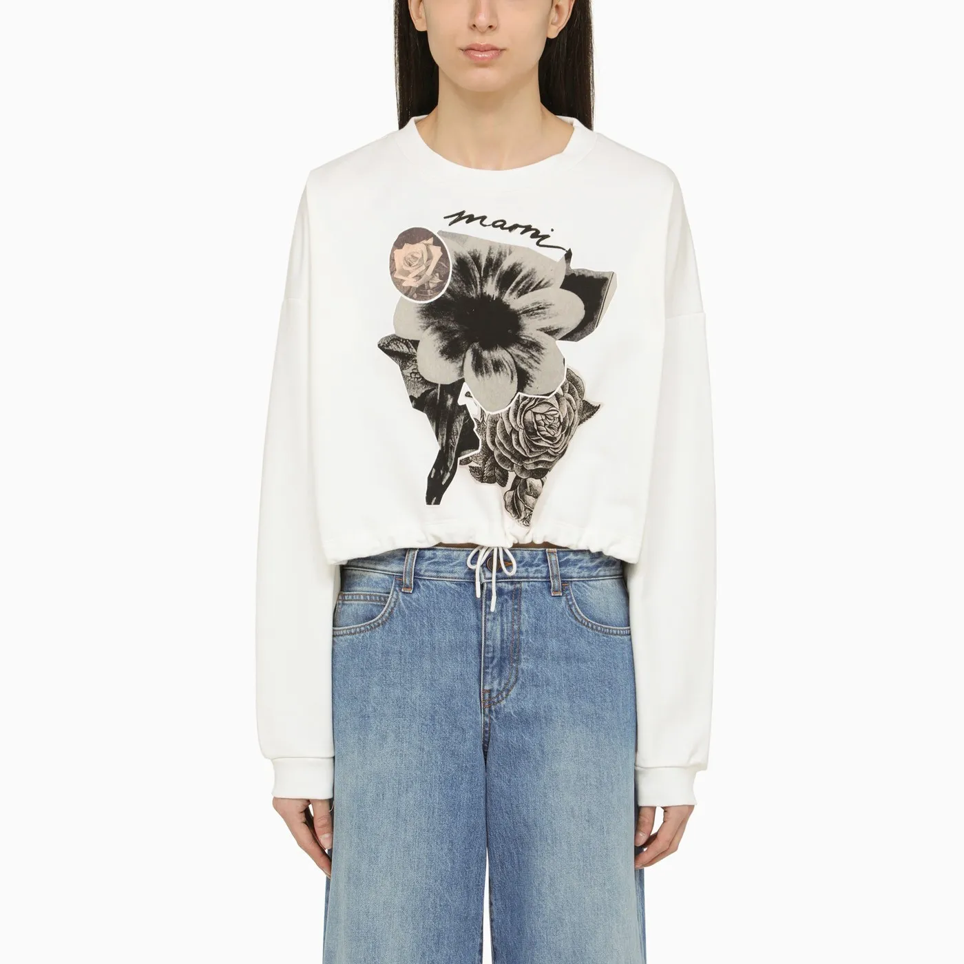 MARNI  |Flower Patterns Long Sleeves Cotton Oversized Cropped Tops