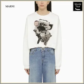 MARNI  |Flower Patterns Long Sleeves Cotton Oversized Cropped Tops