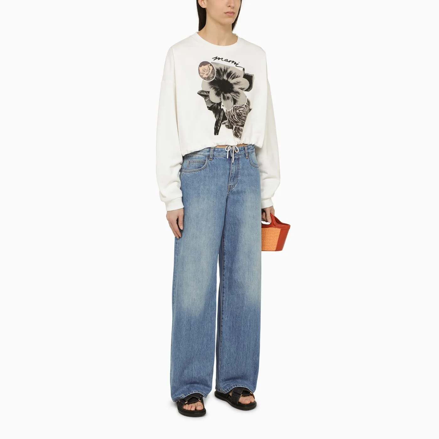 MARNI  |Flower Patterns Long Sleeves Cotton Oversized Cropped Tops