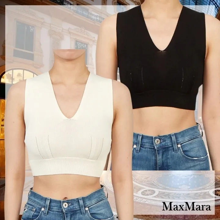 MaxMara  |Nylon V-Neck Plain Cropped Tops Tanks & Camisoles