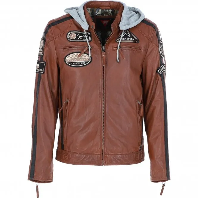 Men's Detachable Hood Leather Jacket Cognac: Regal