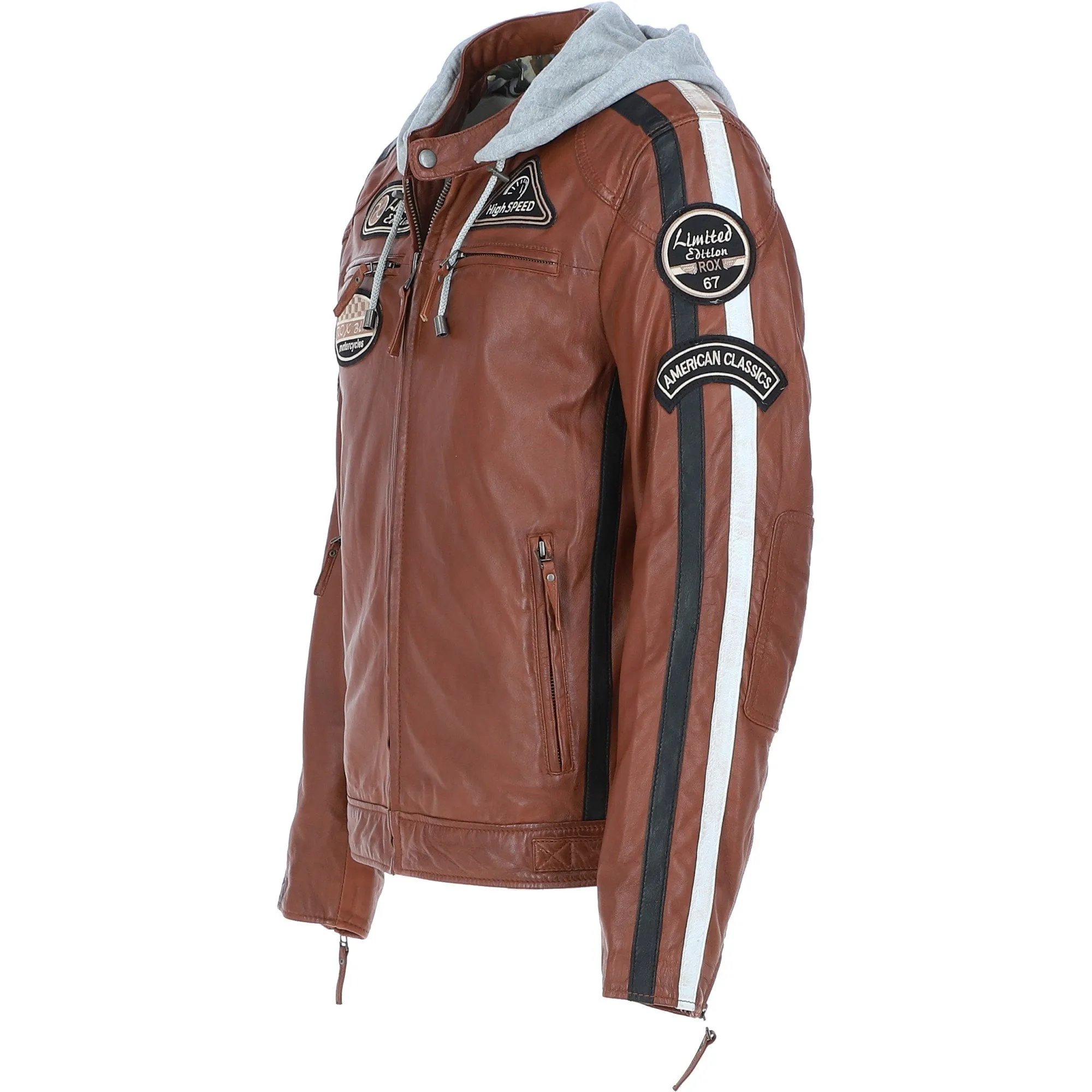 Men's Detachable Hood Leather Jacket Cognac: Regal