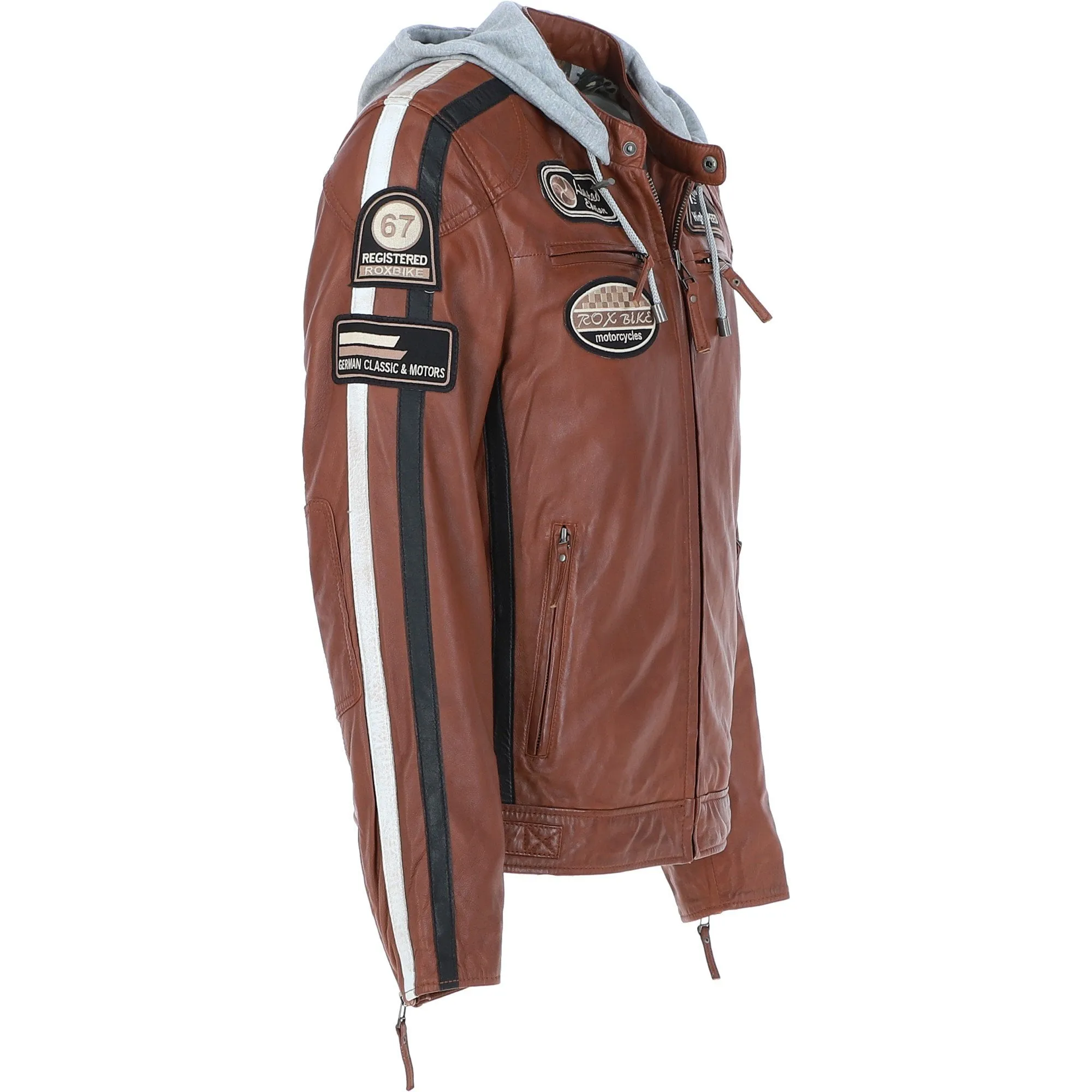 Men's Detachable Hood Leather Jacket Cognac: Regal