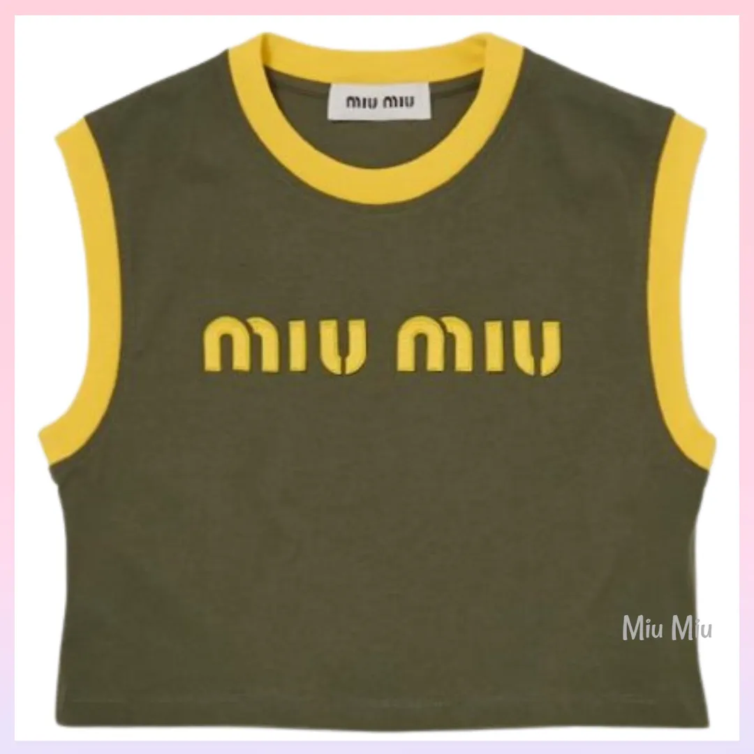 MiuMiu  |Crew Neck Sleeveless Cotton Logo Cropped Tops