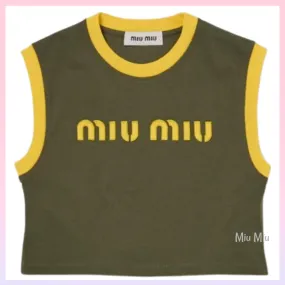 MiuMiu  |Crew Neck Sleeveless Cotton Logo Cropped Tops