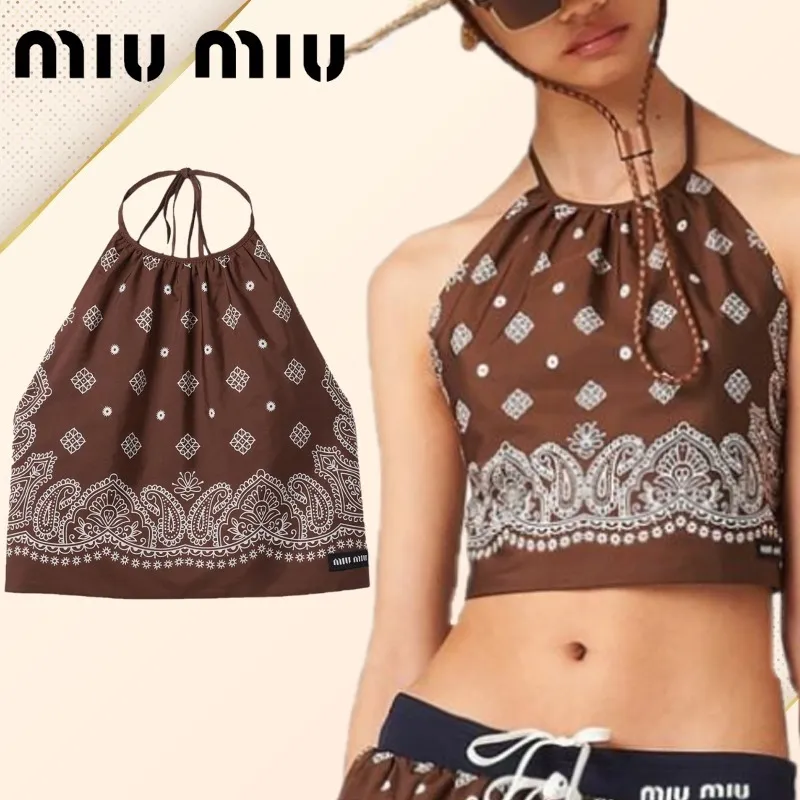 MiuMiu  |Paisley Sleeveless Halter Neck Cotton Cropped Tops