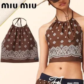 MiuMiu  |Paisley Sleeveless Halter Neck Cotton Cropped Tops