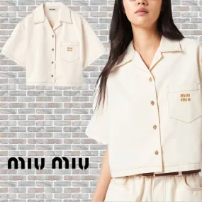 MiuMiu  |Plain Cotton Short Sleeves Logo Cropped Tops