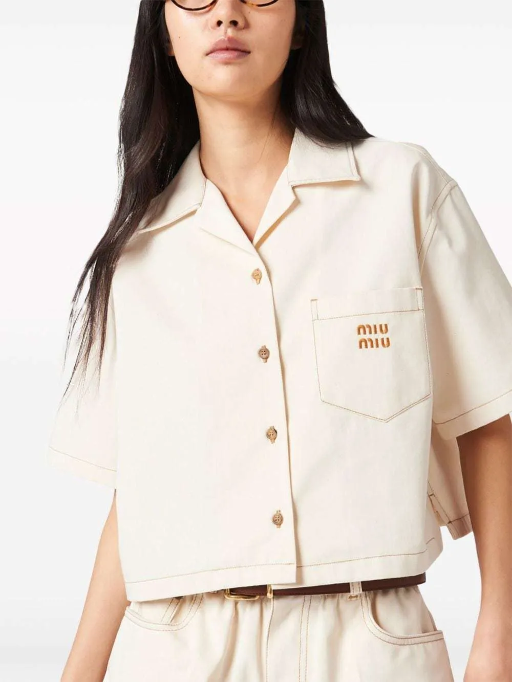 MiuMiu  |Plain Cotton Short Sleeves Logo Cropped Tops