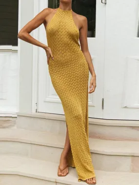 Momnfancy Yellow Knitting Cut Out Backless Slit Halter Neck Baby Shower Prom Maternity Maxi Dress