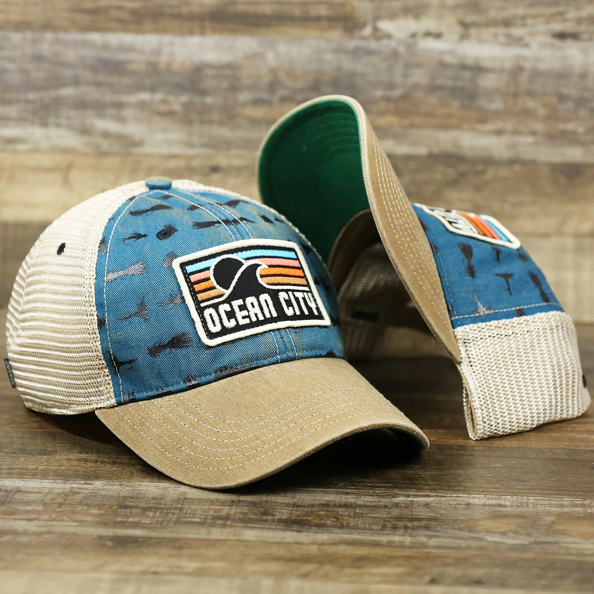 Ocean City Sunset Patch Fishing Lure Print Mesh Back Trucker Hat | Marine Blue Trucker Hat