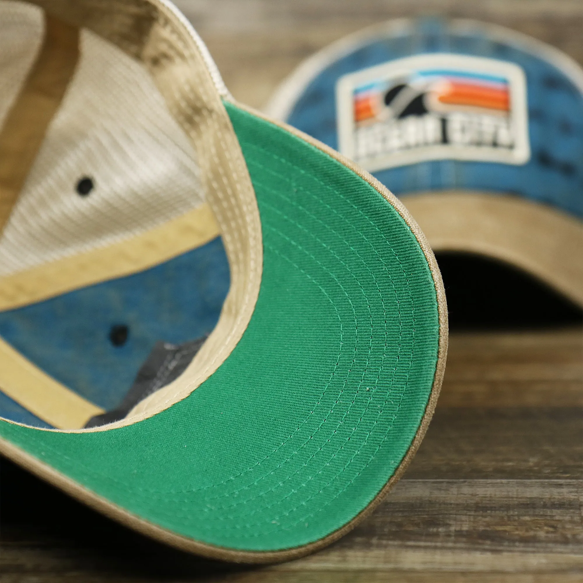 Ocean City Sunset Patch Fishing Lure Print Mesh Back Trucker Hat | Marine Blue Trucker Hat