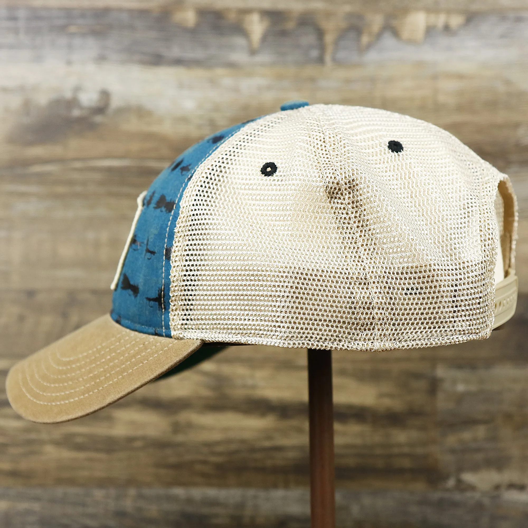 Ocean City Sunset Patch Fishing Lure Print Mesh Back Trucker Hat | Marine Blue Trucker Hat