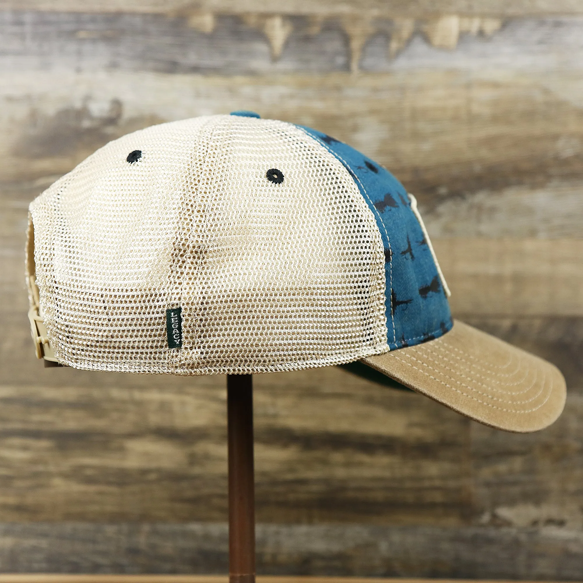 Ocean City Sunset Patch Fishing Lure Print Mesh Back Trucker Hat | Marine Blue Trucker Hat