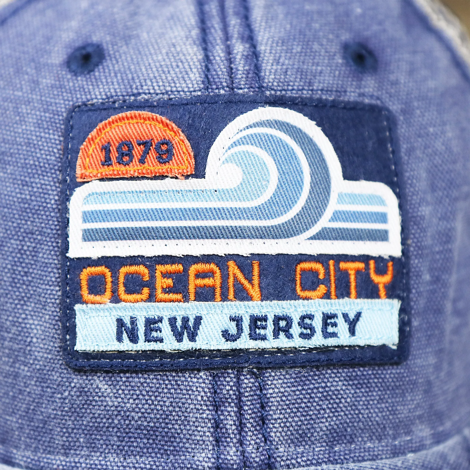 OCNJ 1879 Ocean City New Jersey Wave Denim Inspired Trucker Hat | Navy And Khaki Mesh Trucker Hat