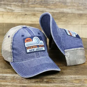 OCNJ 1879 Ocean City New Jersey Wave Denim Inspired Trucker Hat | Navy And Khaki Mesh Trucker Hat