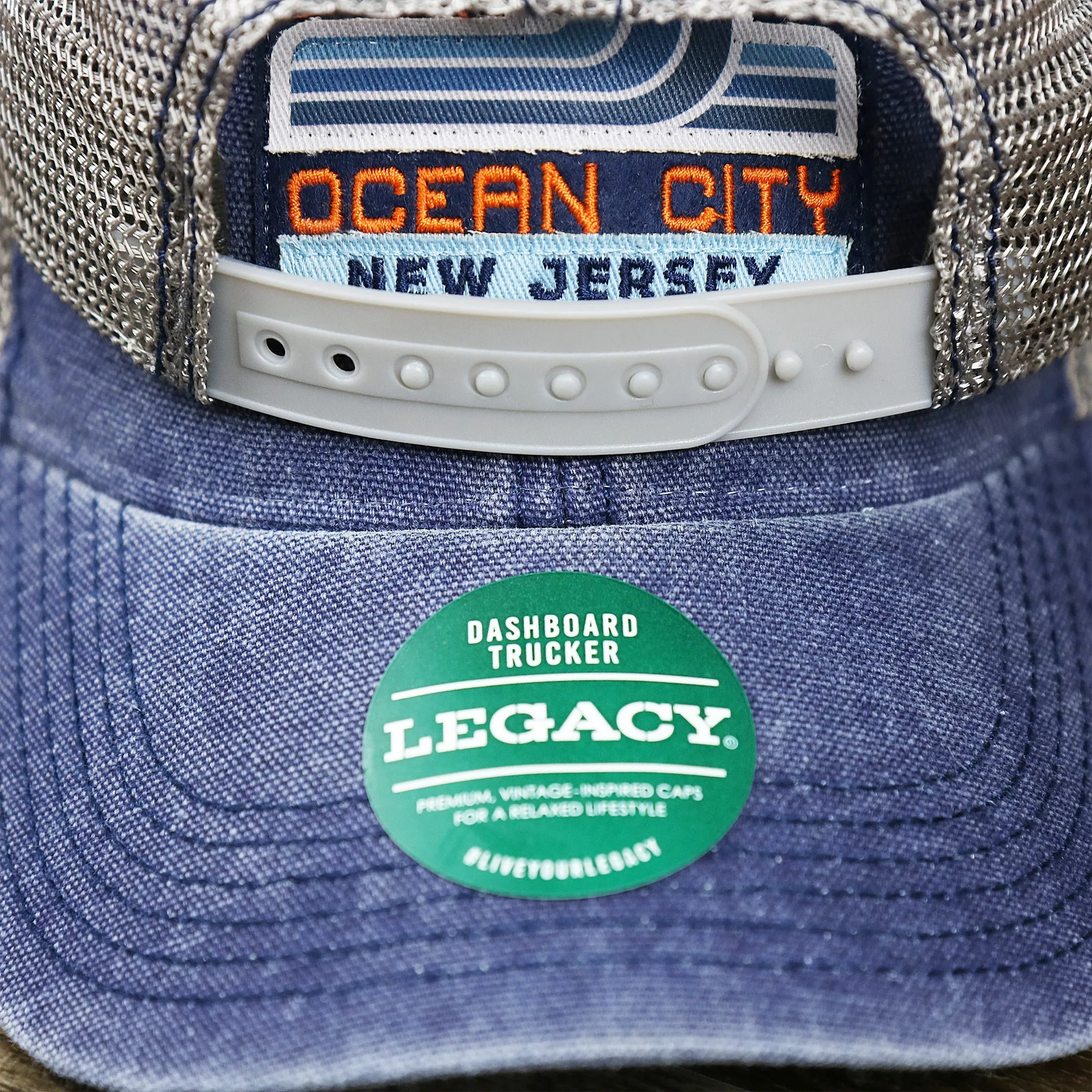 OCNJ 1879 Ocean City New Jersey Wave Denim Inspired Trucker Hat | Navy And Khaki Mesh Trucker Hat