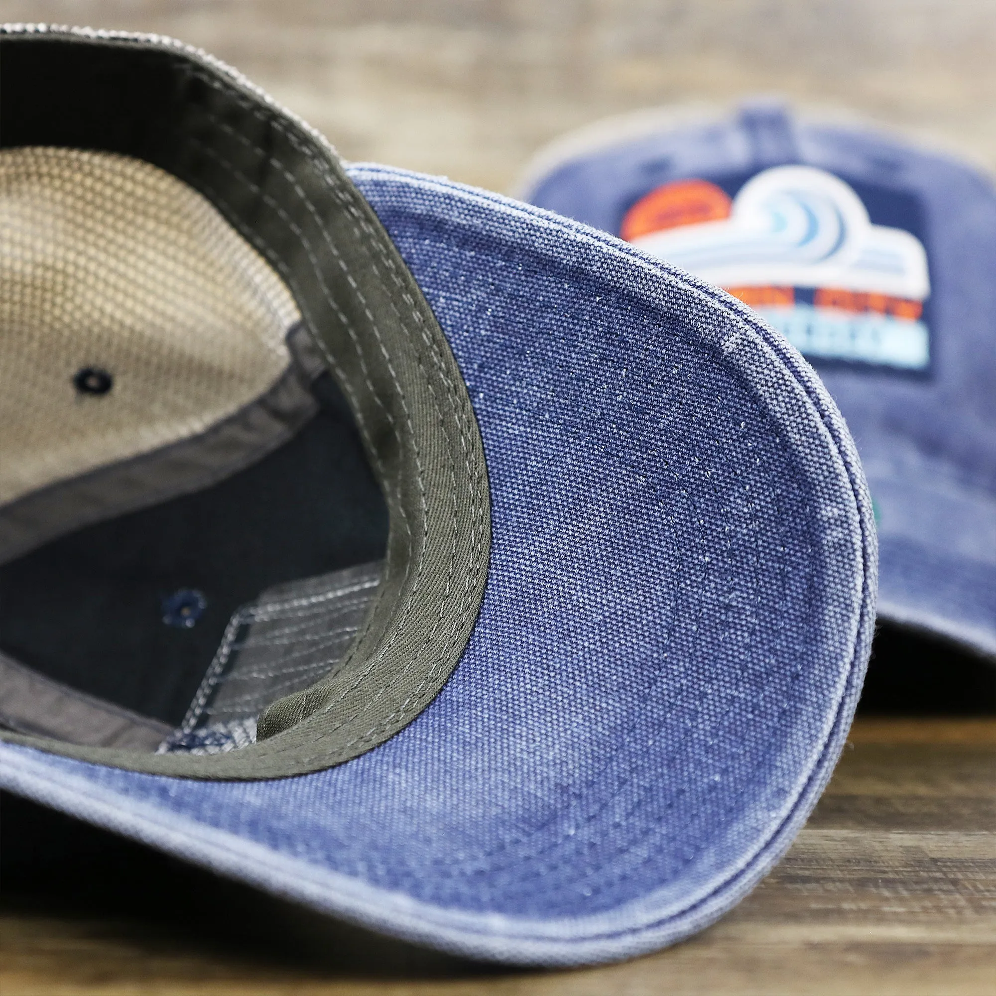 OCNJ 1879 Ocean City New Jersey Wave Denim Inspired Trucker Hat | Navy And Khaki Mesh Trucker Hat