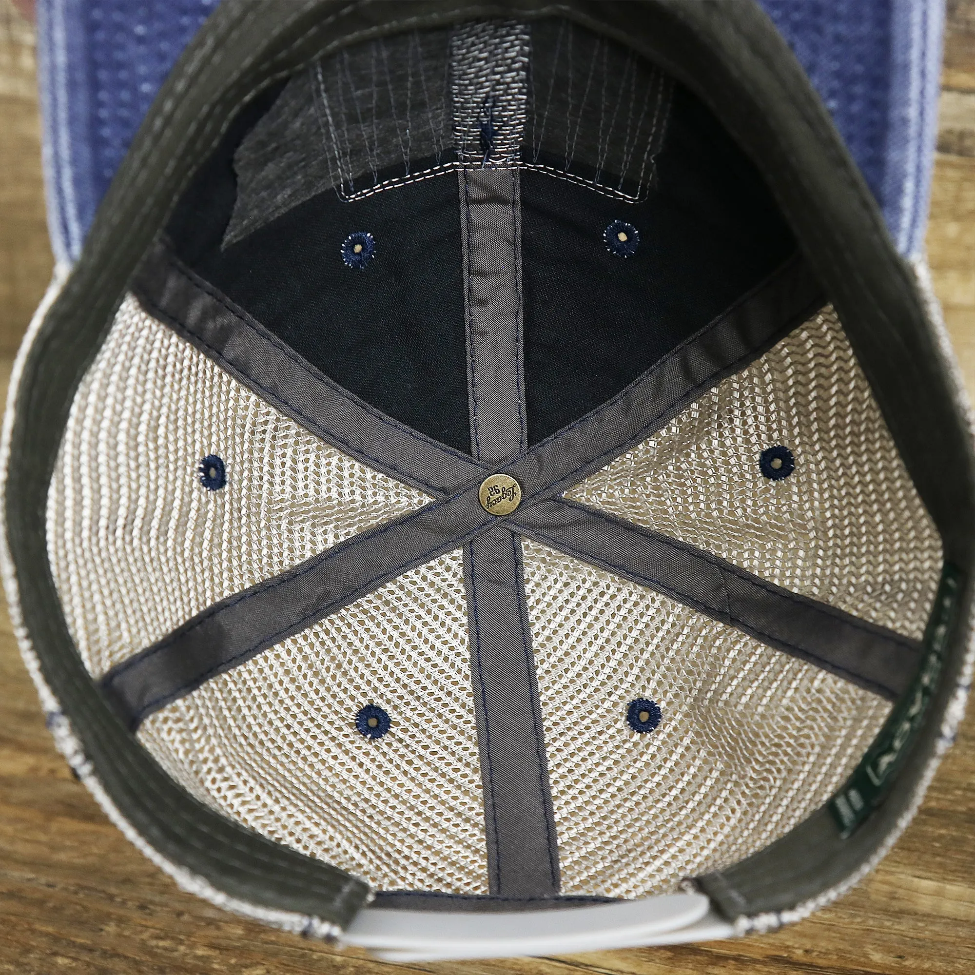 OCNJ 1879 Ocean City New Jersey Wave Denim Inspired Trucker Hat | Navy And Khaki Mesh Trucker Hat