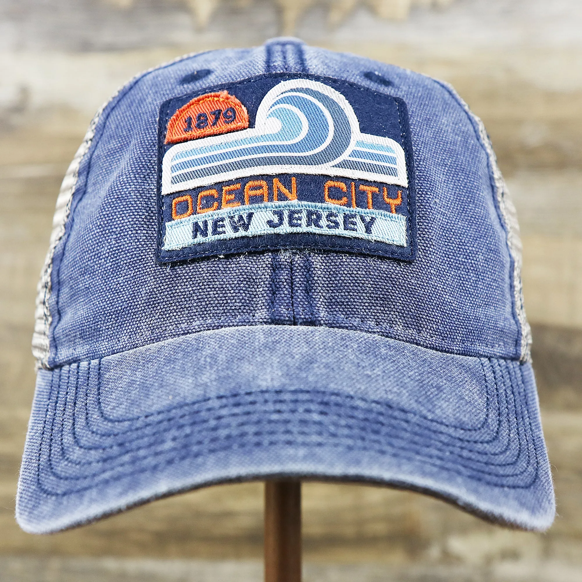 OCNJ 1879 Ocean City New Jersey Wave Denim Inspired Trucker Hat | Navy And Khaki Mesh Trucker Hat