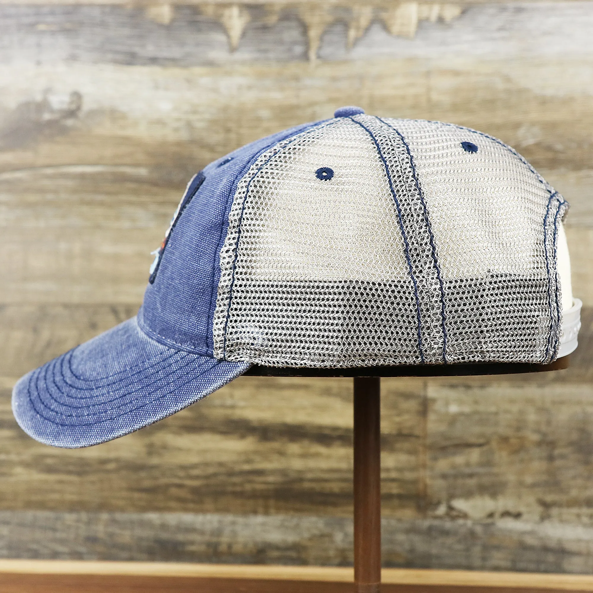 OCNJ 1879 Ocean City New Jersey Wave Denim Inspired Trucker Hat | Navy And Khaki Mesh Trucker Hat