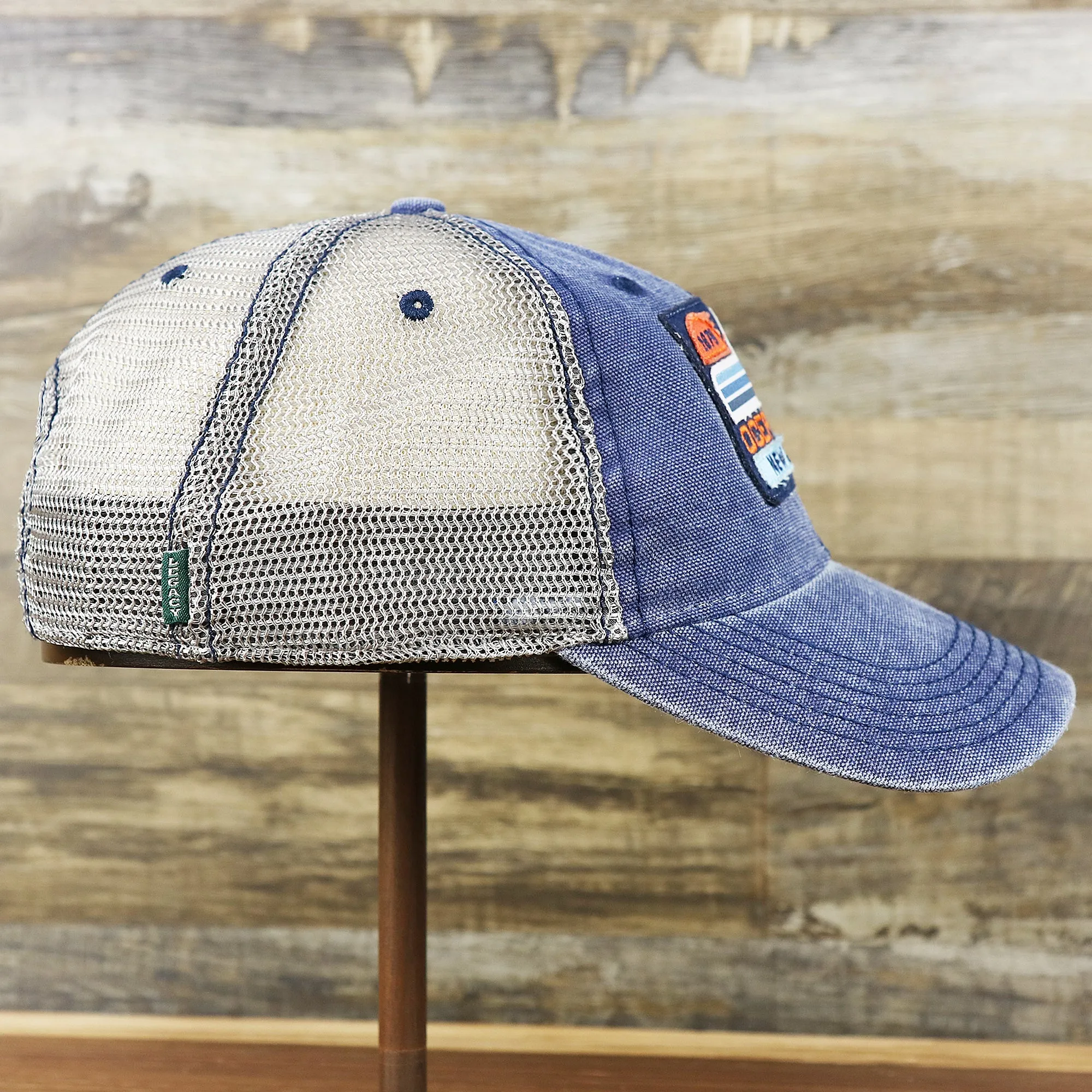 OCNJ 1879 Ocean City New Jersey Wave Denim Inspired Trucker Hat | Navy And Khaki Mesh Trucker Hat