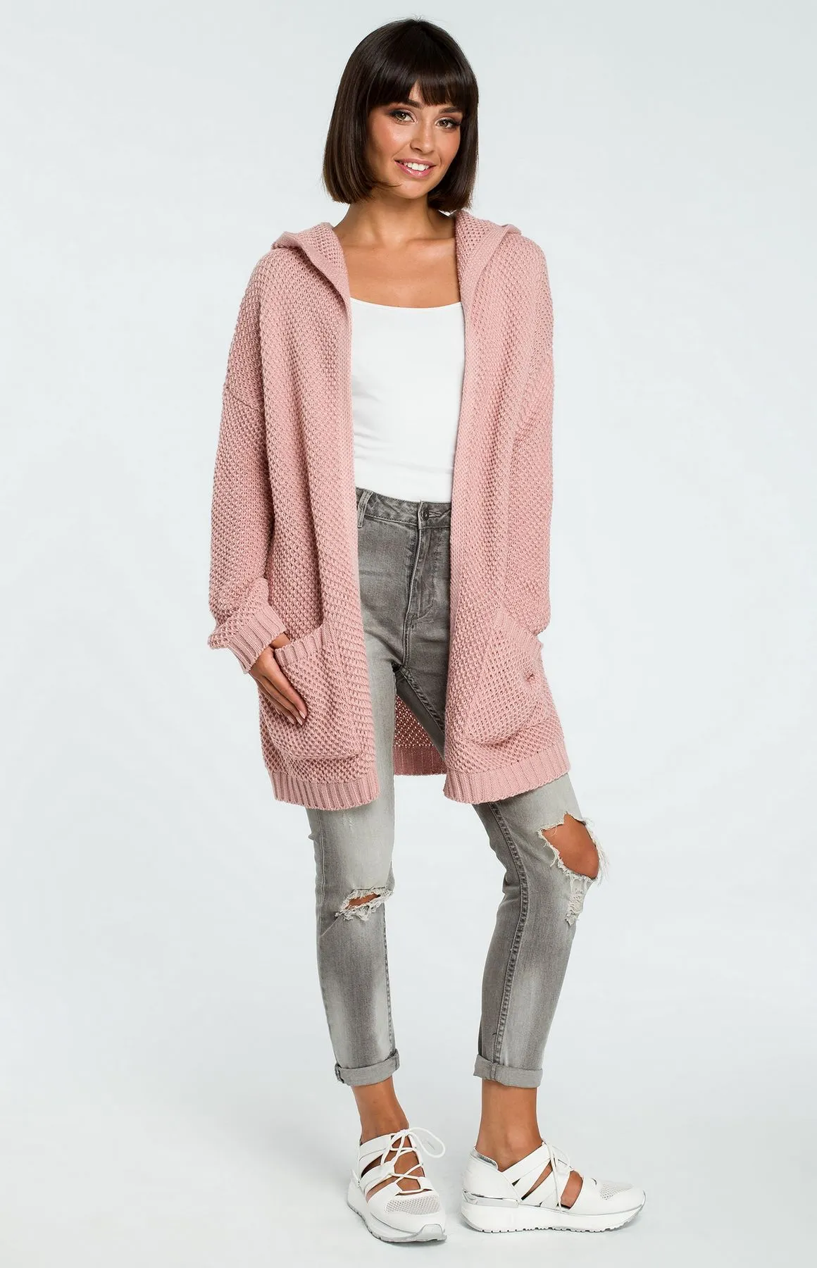 Pink long hood cardigan