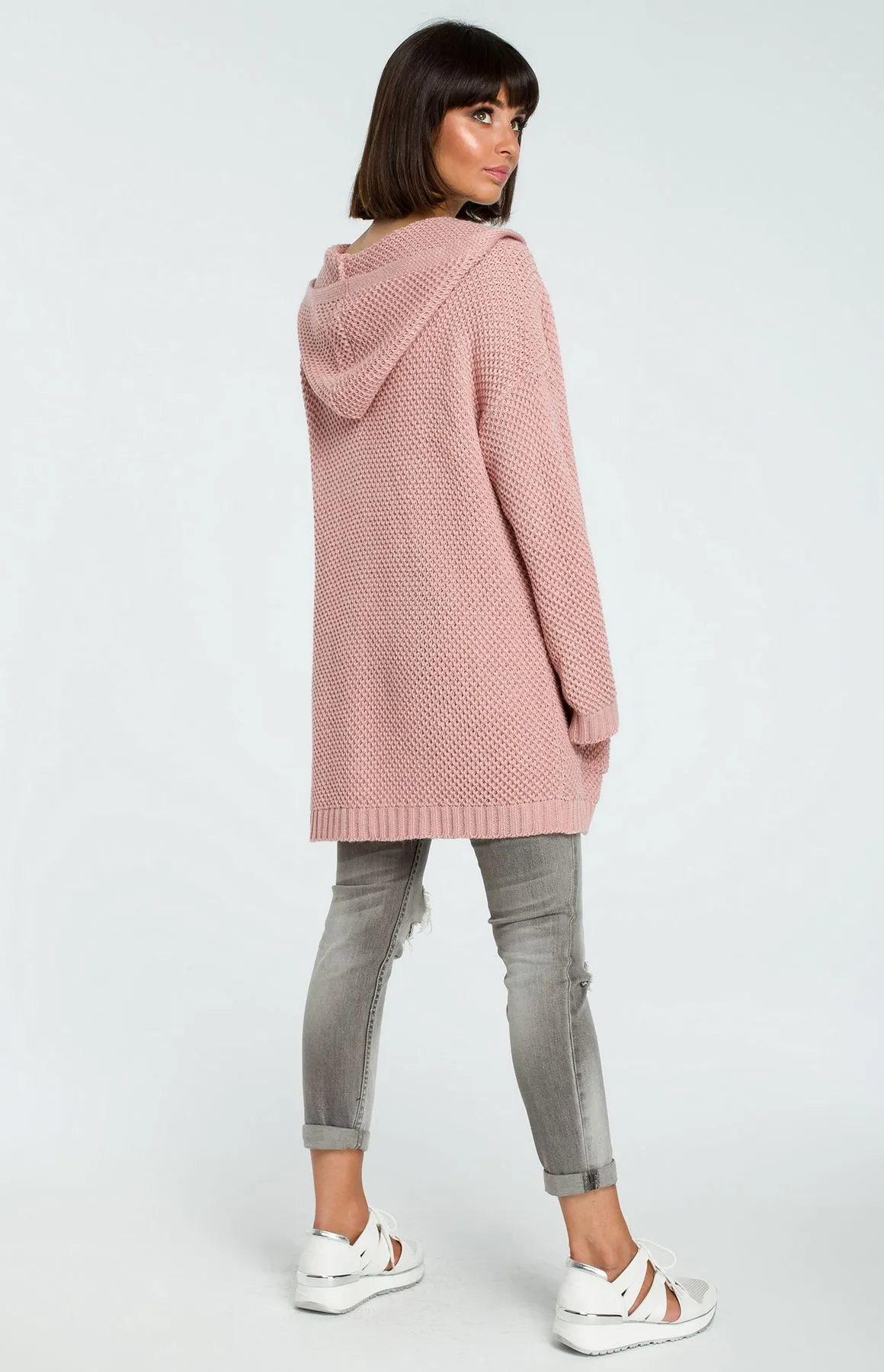 Pink long hood cardigan