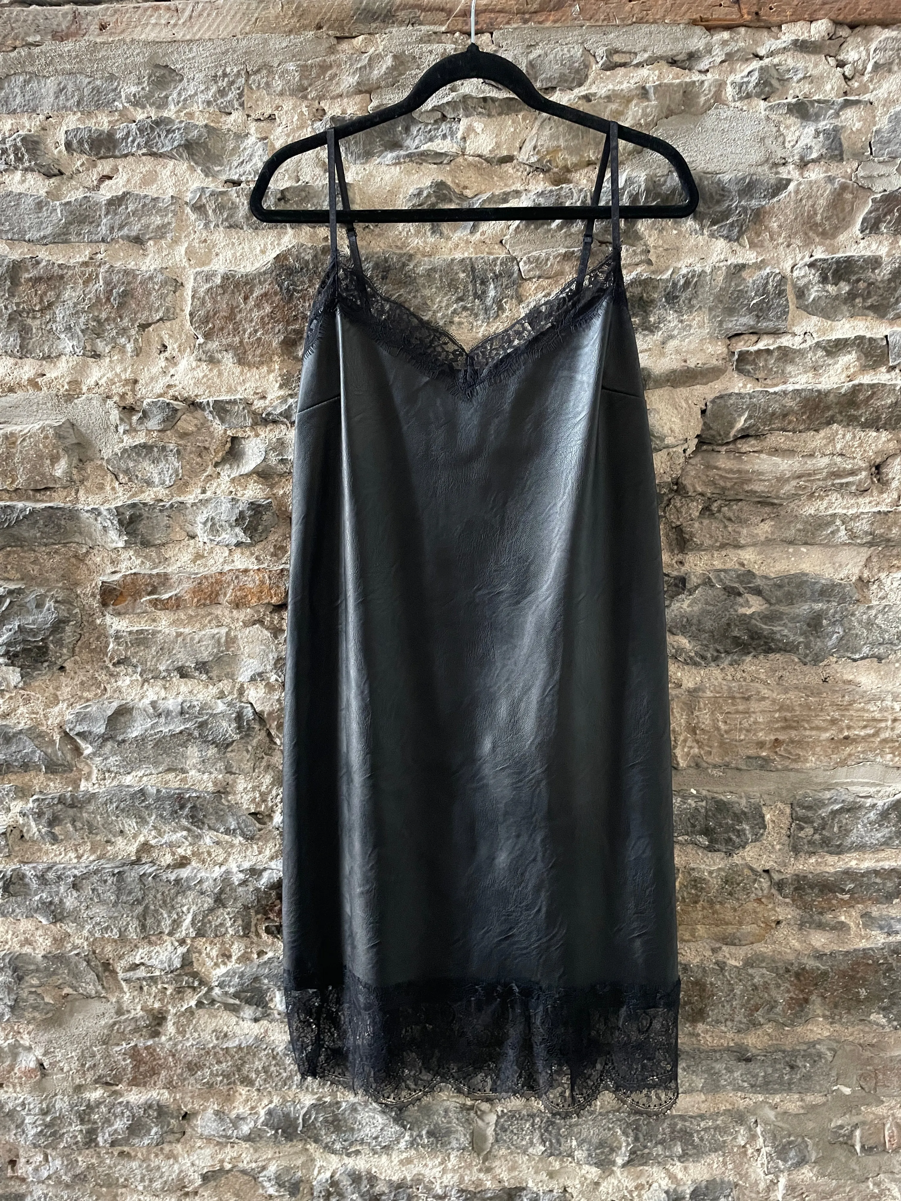 Pleather and Lace Slip Dress - BLACK