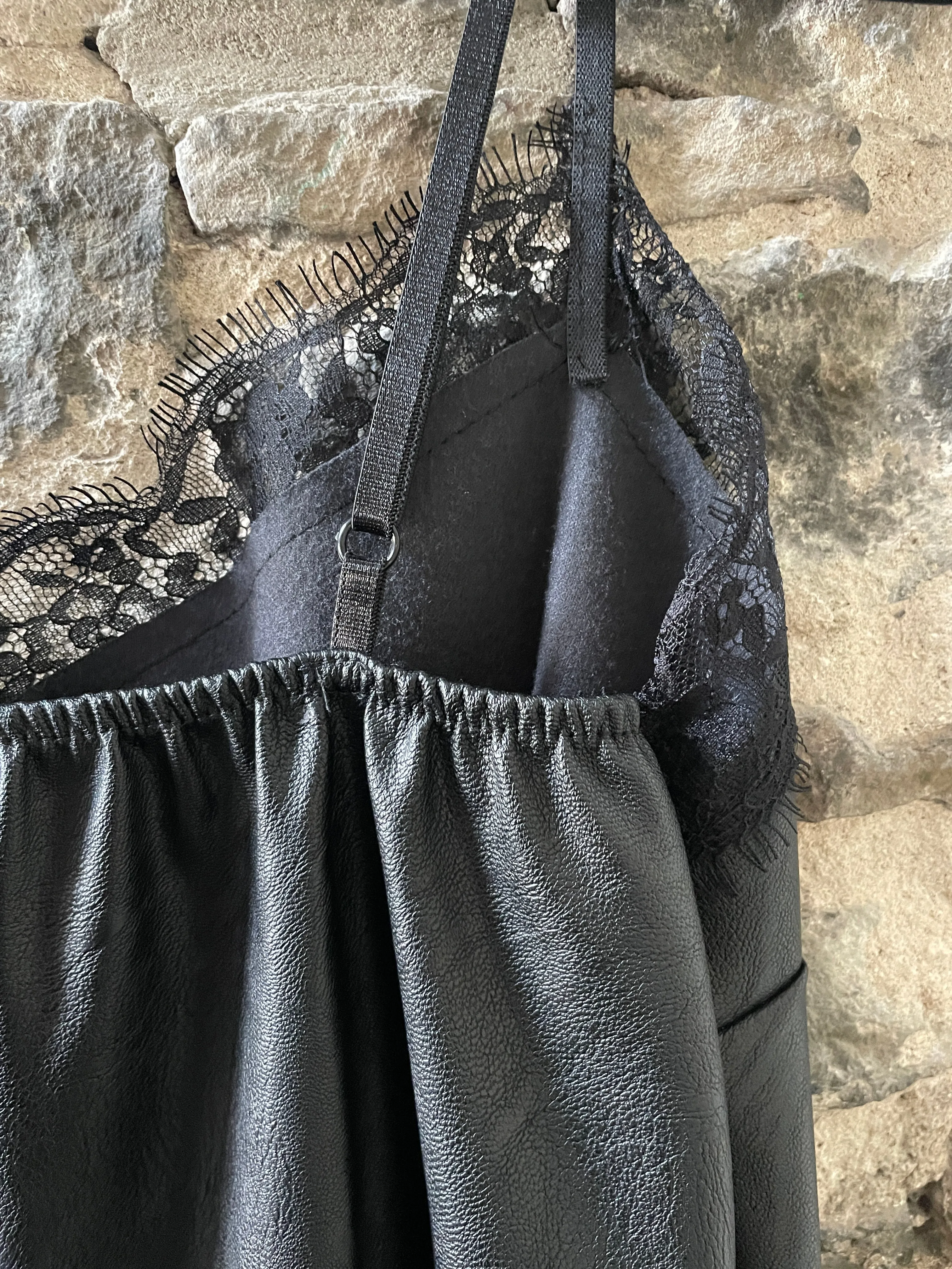 Pleather and Lace Slip Dress - BLACK