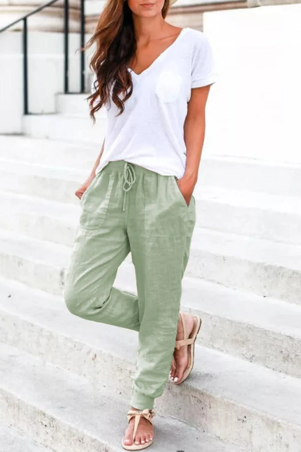 Pocketed Drawstring Joggers - Mint Green