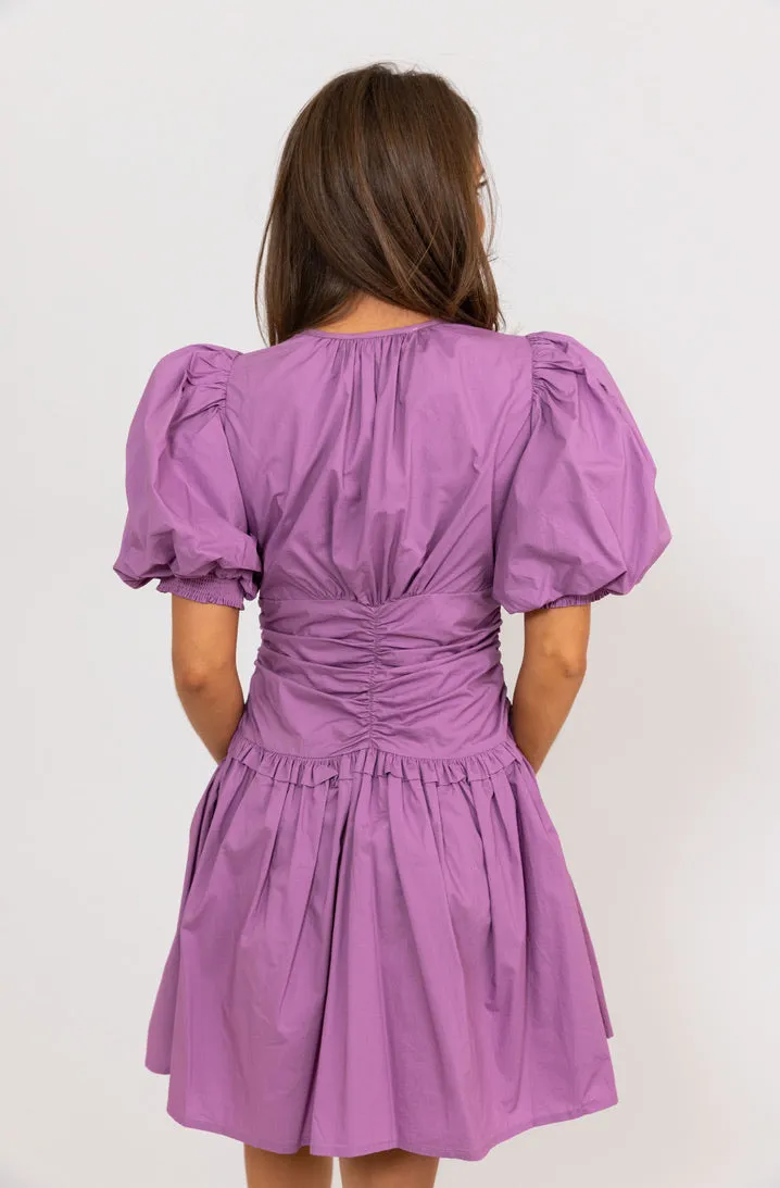 Poplin Puff Sleeve Cinch Waist Dress