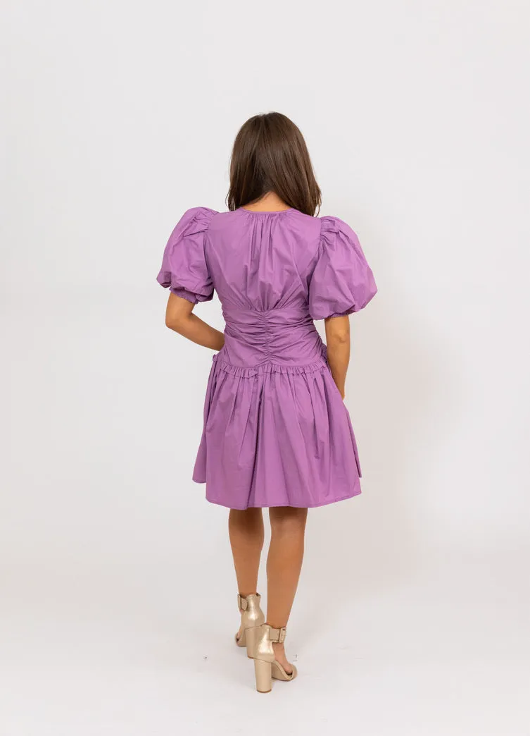 Poplin Puff Sleeve Cinch Waist Dress