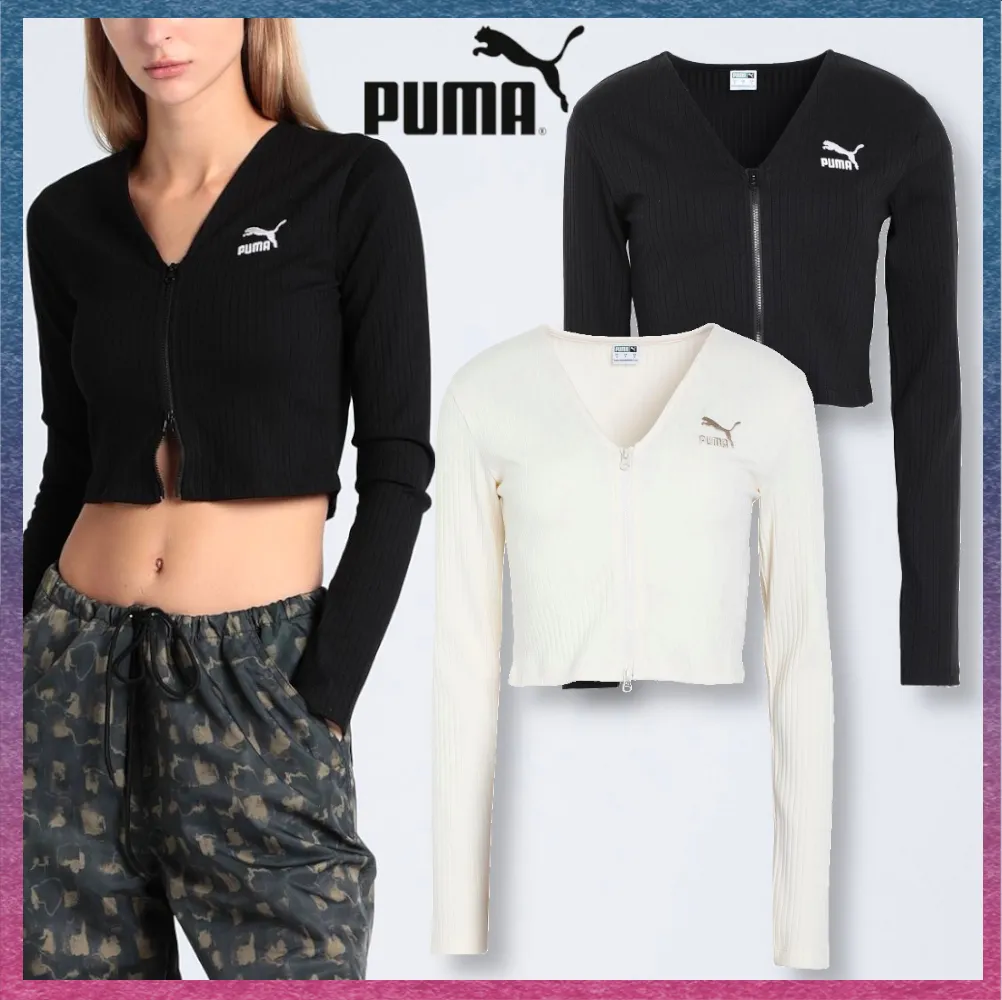 PUMA  |Rib Long Sleeves Plain Cotton Logo Cropped Tops Cardigans