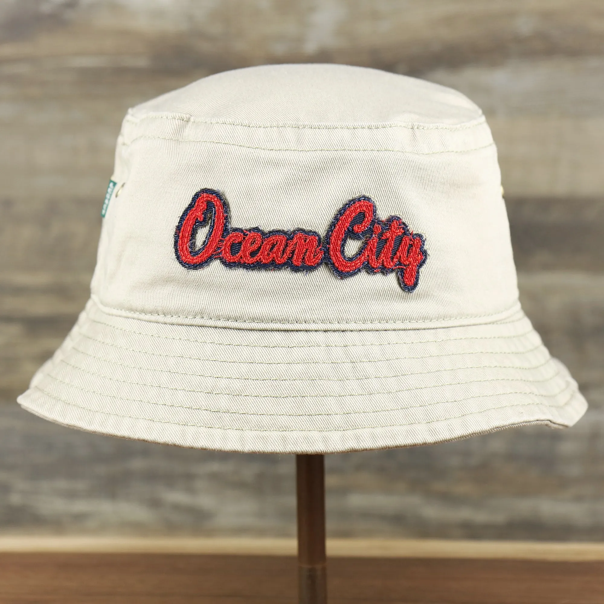 Red OCNJ Double Wordmark Navy Blue Outline Bucket Hat | Khaki Bucket Hat