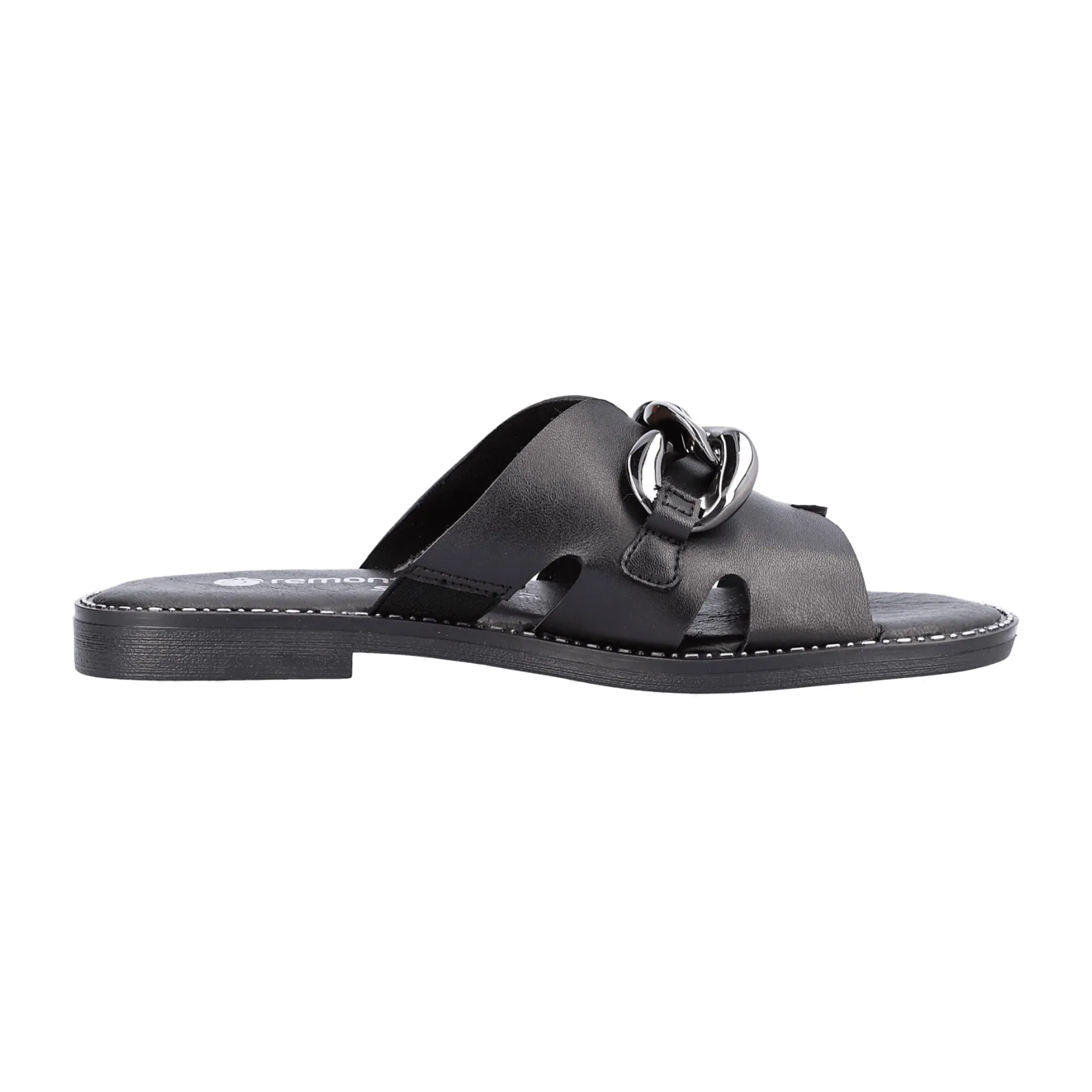 Remonte Women's Black Leather Sandals with Chain Detail and Cushioned Sole