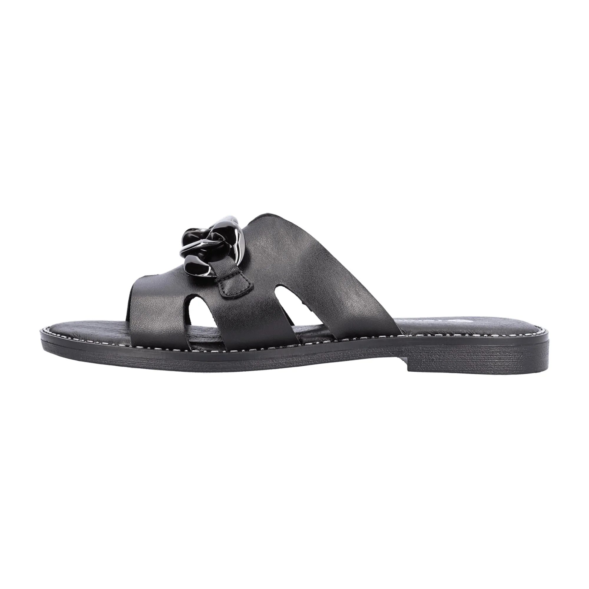 Remonte Women's Black Leather Sandals with Chain Detail and Cushioned Sole