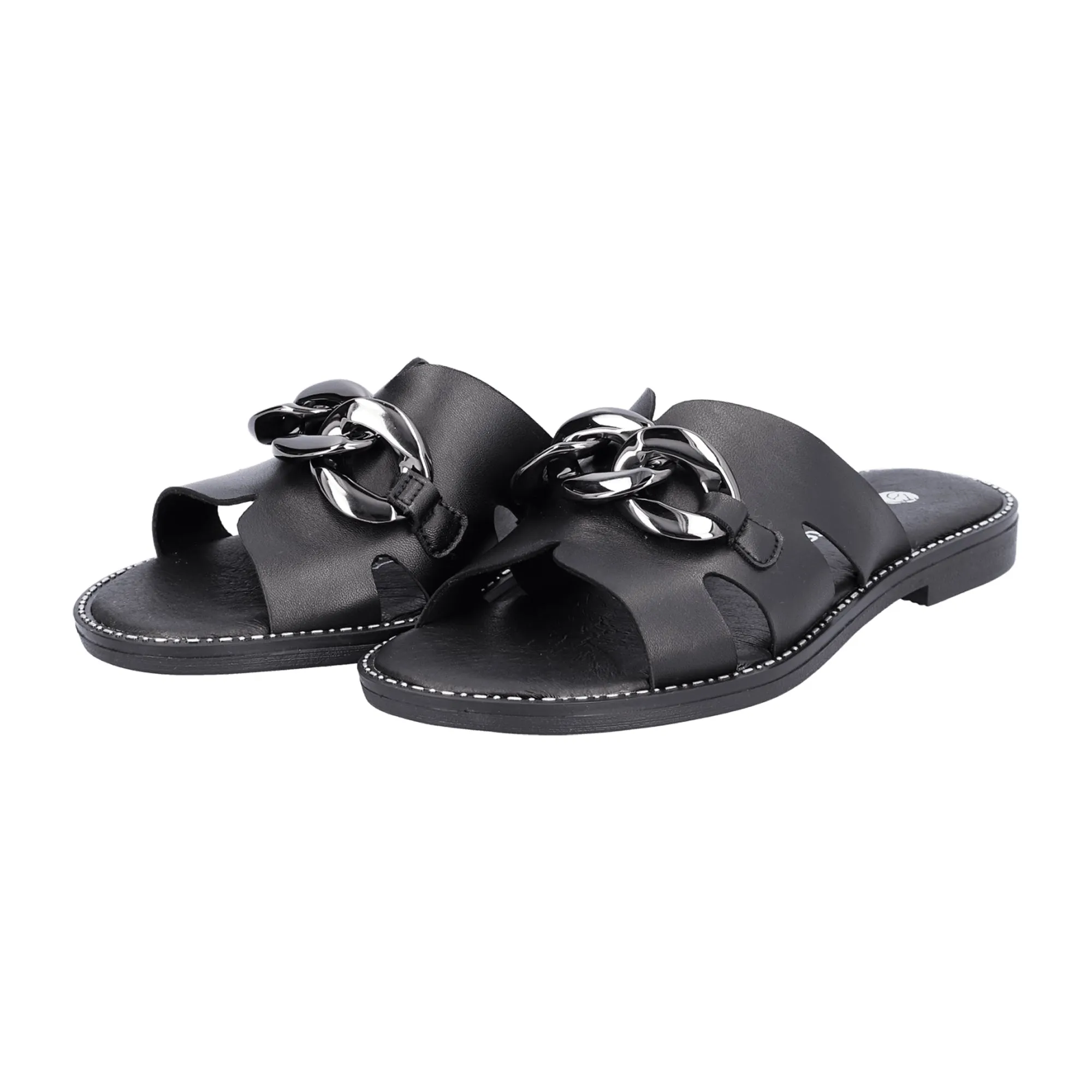 Remonte Women's Black Leather Sandals with Chain Detail and Cushioned Sole