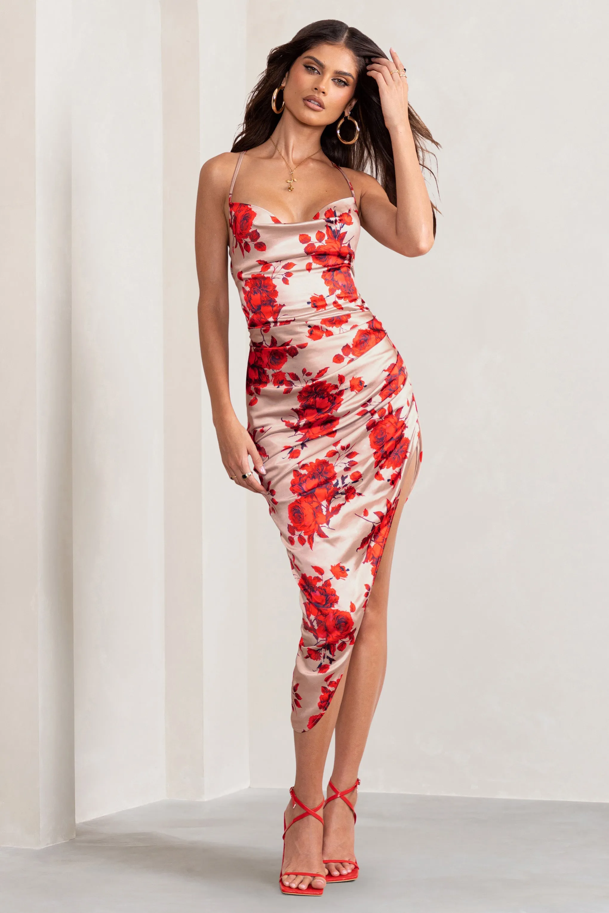 Risk It All | Champagne Floral Print Cami Cowl Neck Satin Asymmetric Hem Midi Dress