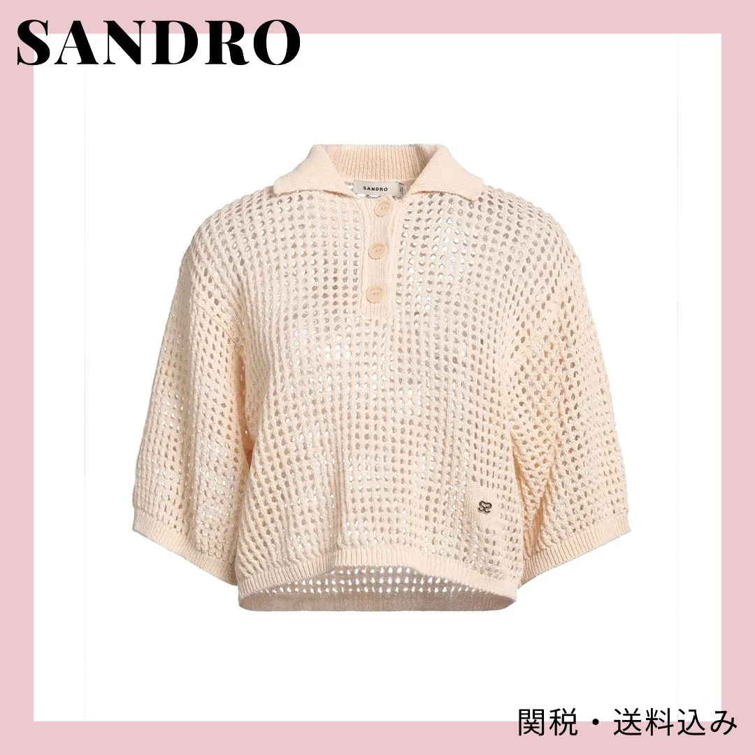 sandro  |Casual Style Plain Cotton Short Sleeves Logo Cropped Tops