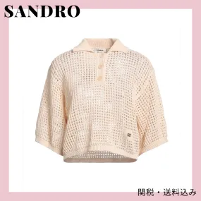 sandro  |Casual Style Plain Cotton Short Sleeves Logo Cropped Tops