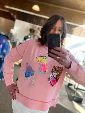 Sequined Ice Cream & Fries Pink Sweatshirt - Small to 3X