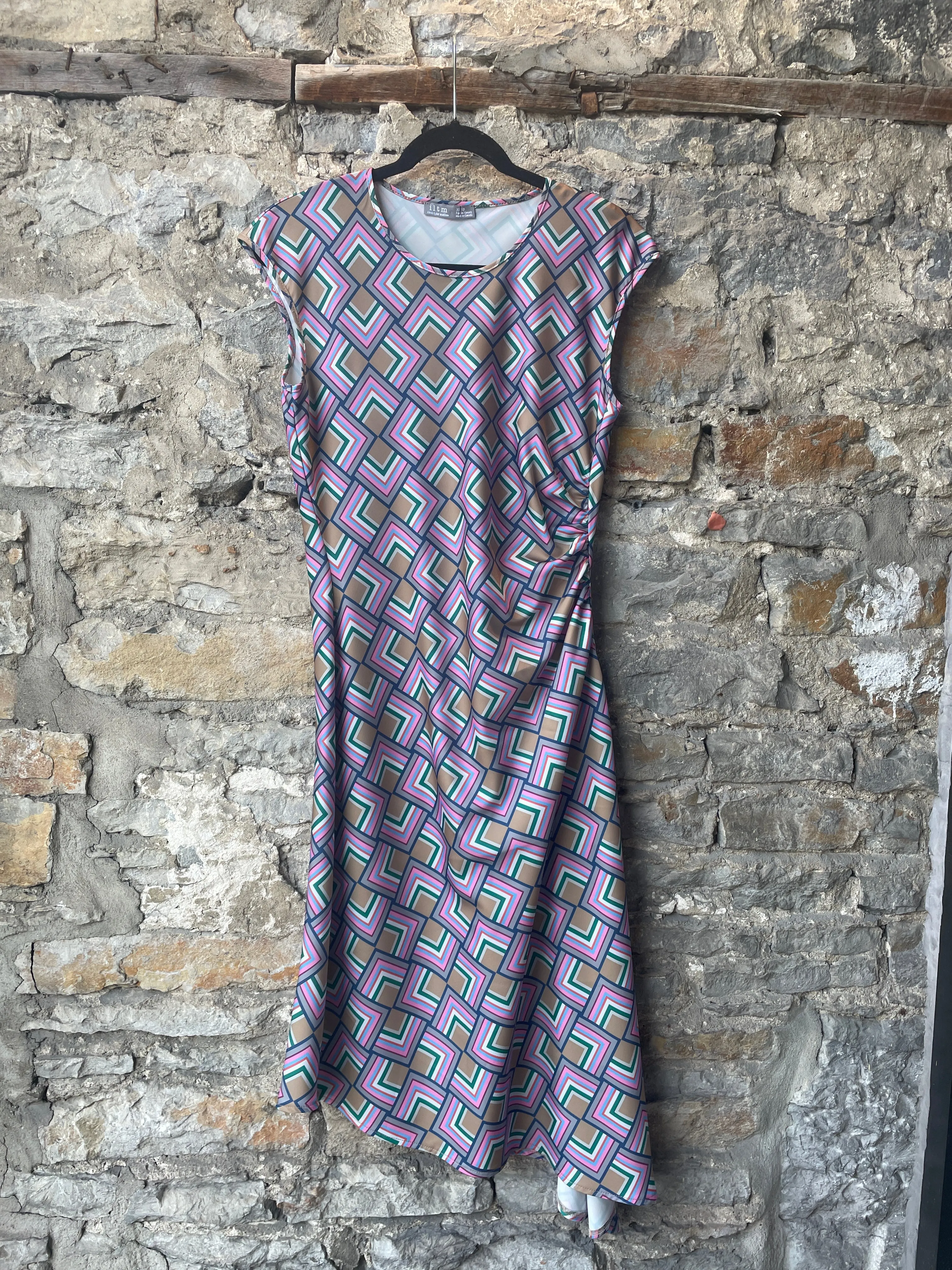 Short Sleeve Graphic Pattern Dress- Purple Pink Blue Green Tan