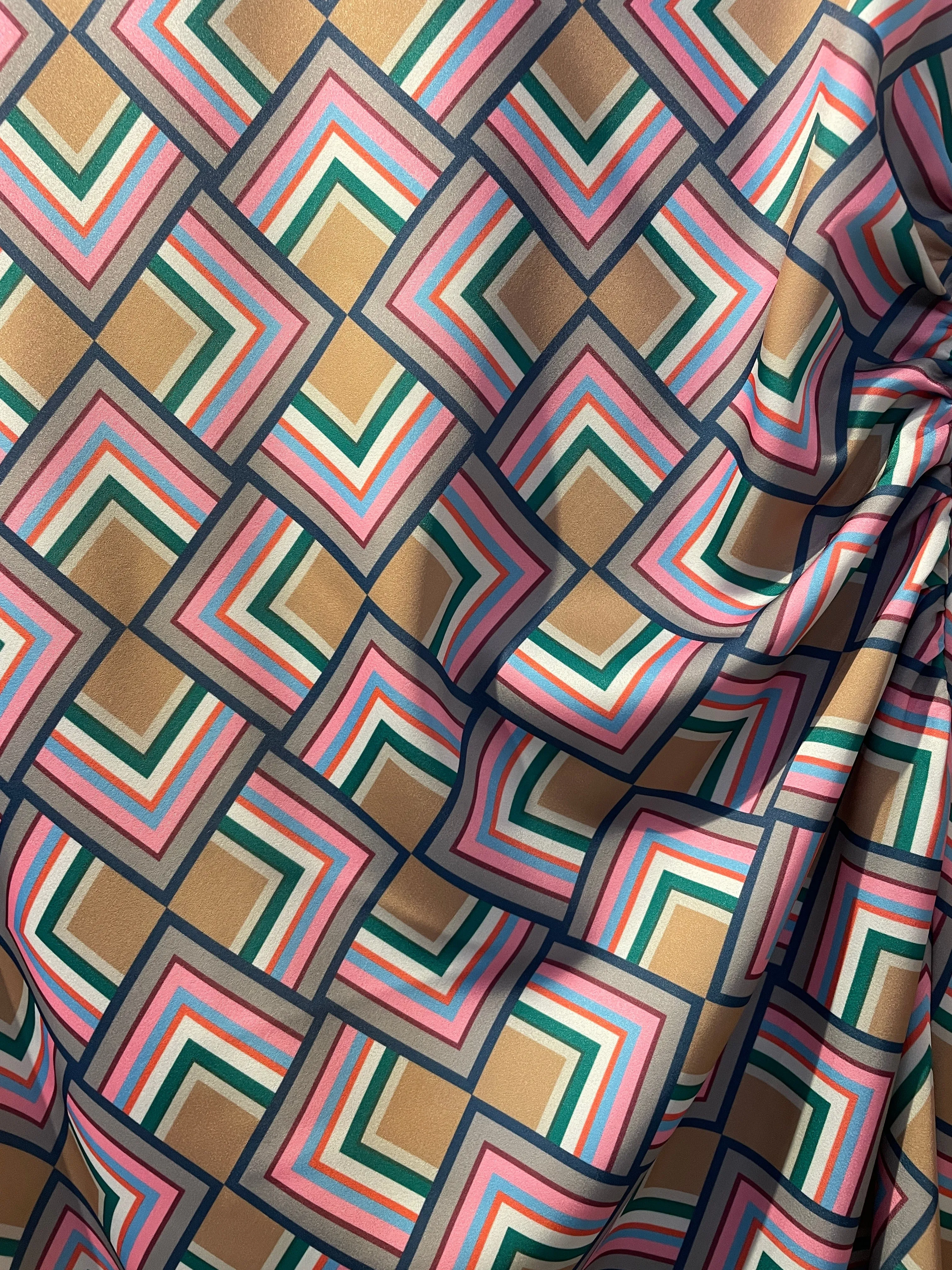 Short Sleeve Graphic Pattern Dress- Purple Pink Blue Green Tan