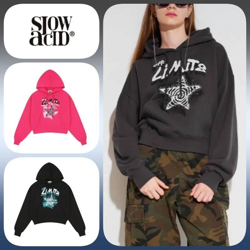 SLOW ACID  |Long Sleeves Oversized Cropped Tops Hoodies & Sweatshirts