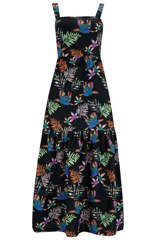 Sugarhill Brighton Charlotte Black Rainbow Toucans Maxi Tiered Sundress