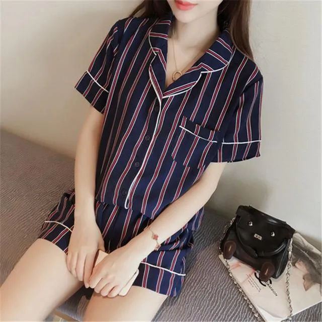 Summer Fashion Women's Turn-Down Collar 2 Two Piece Pajama Set