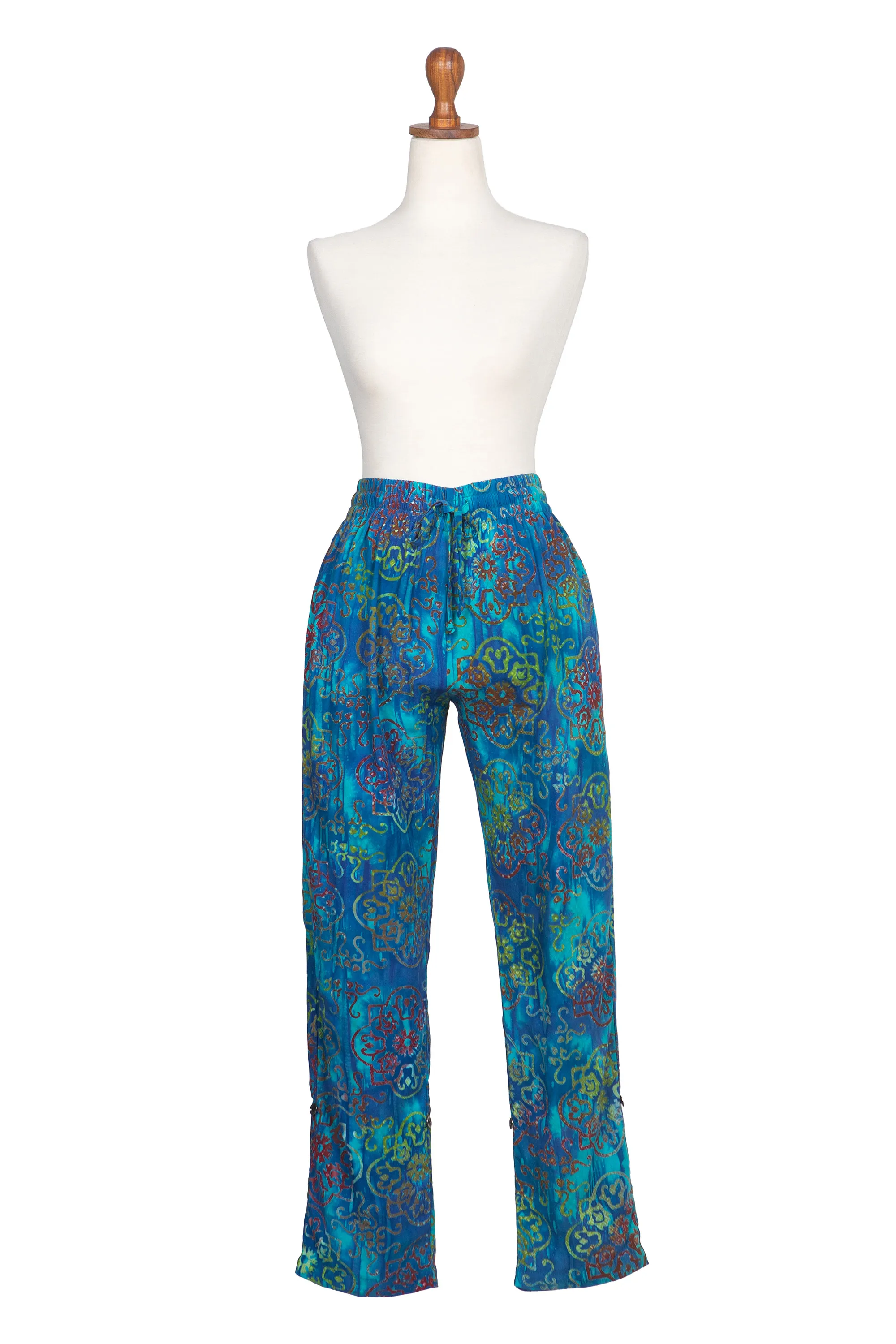 Teal Hand-Stamped and Hand-Dyed Batik Rayon Pants from Bali, 